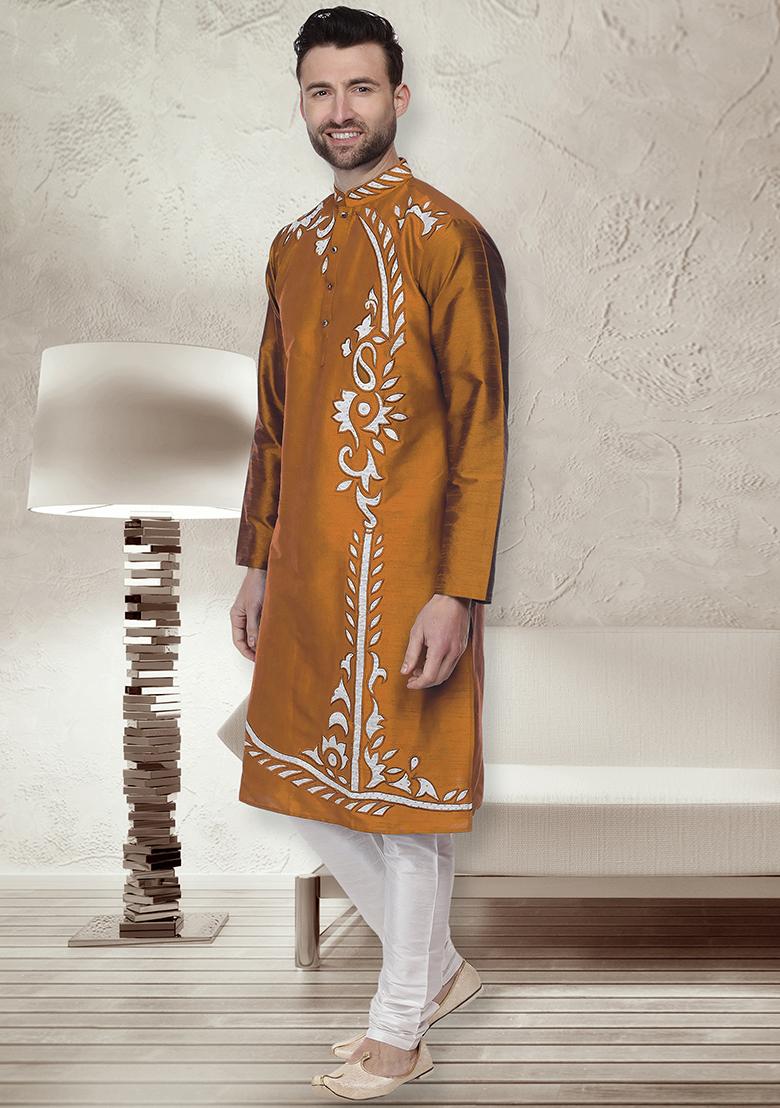 Mustred Traditional Dupion Silk Kurta For Men - Indya