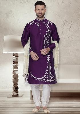 Purple Traditional Dupion Silk Kurta For Men