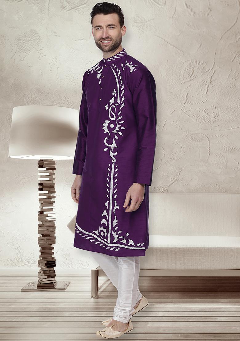 Purple Traditional Dupion Silk Kurta For Men - Indya