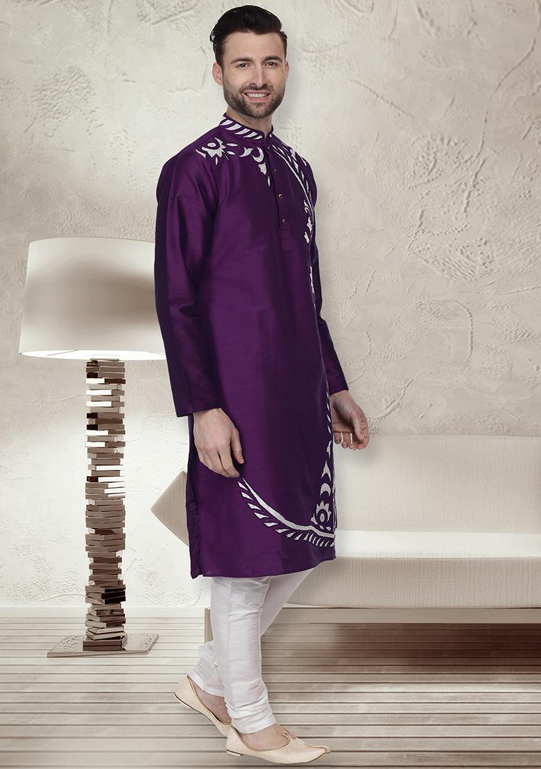 Purple Traditional Dupion Silk Kurta For Men - Indya