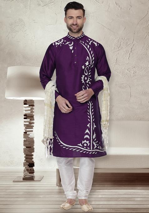 Purple Traditional Dupion Silk Kurta For Men