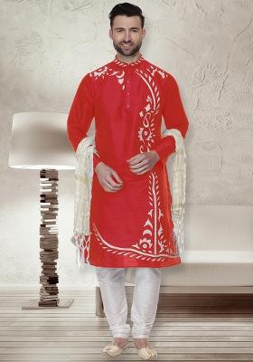 Red Traditional Dupion Silk Kurta For Men