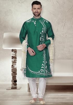 Sea Green Traditional Dupion Silk Kurta For Men