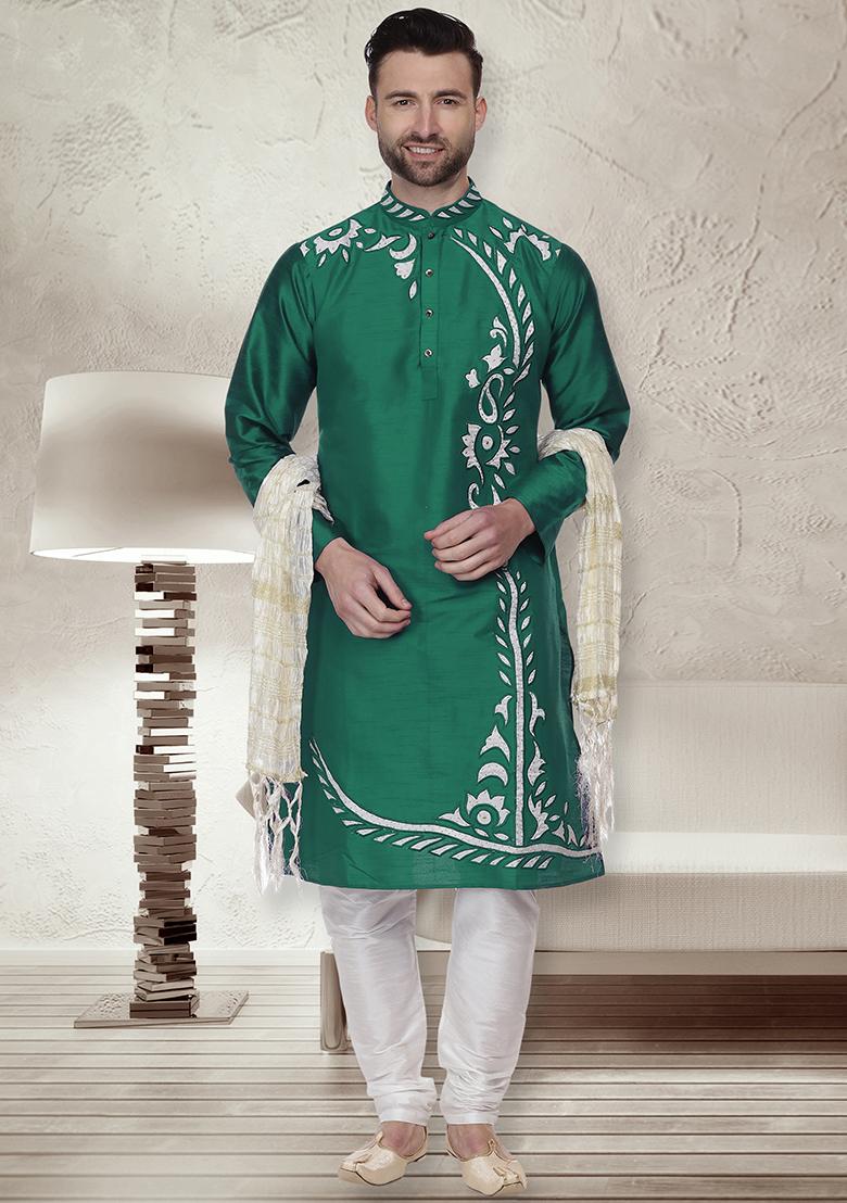 Sea Green Traditional Dupion Silk Kurta For Men - Indya