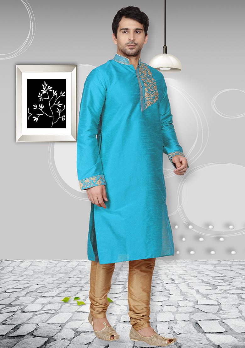 Aqua Blue Traditional Dupion Silk Kurta Set For Men - Indya