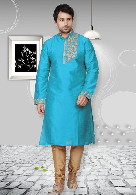 Aqua Blue Traditional Dupion Silk Kurta Set For Men