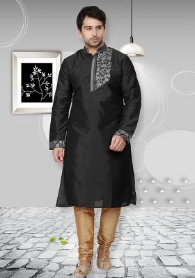 Black Traditional Dupion Silk Kurta Set For Men