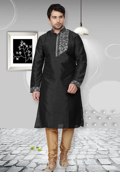 Black Traditional Dupion Silk Kurta Set For Men