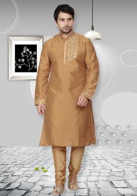 Golden Traditional Dupion Silk Blend Kurta Set For Men