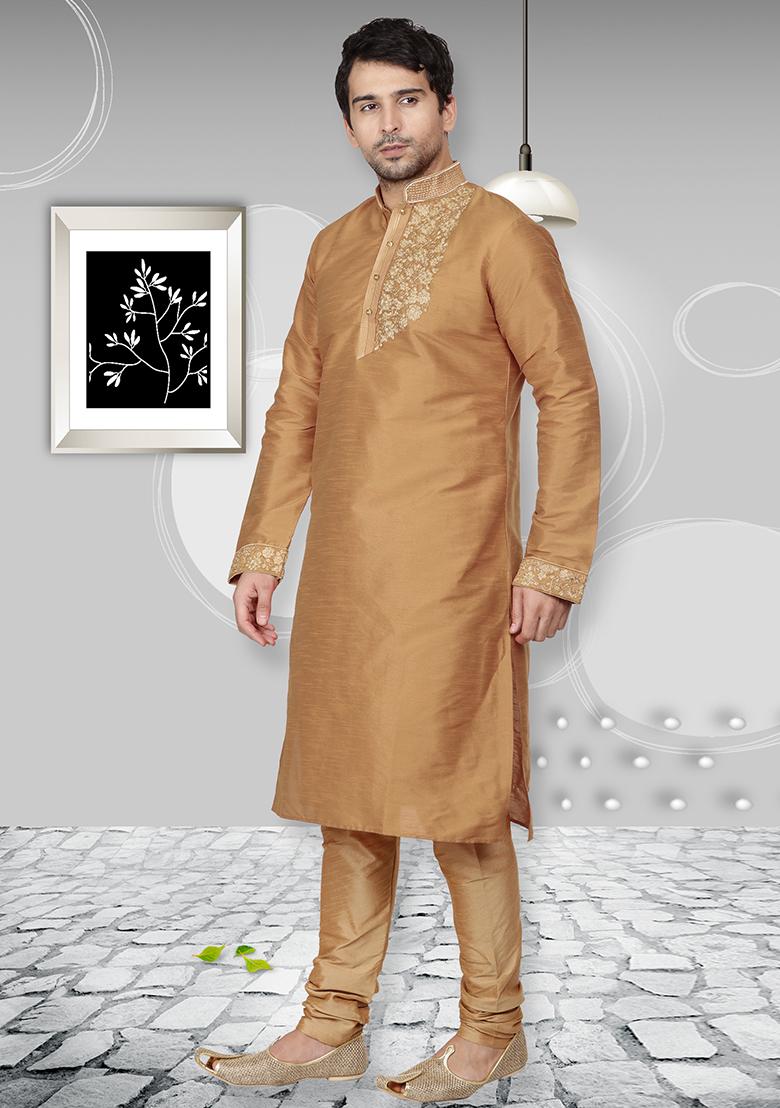 Golden Traditional Dupion Silk Kurta Set For Men - Indya