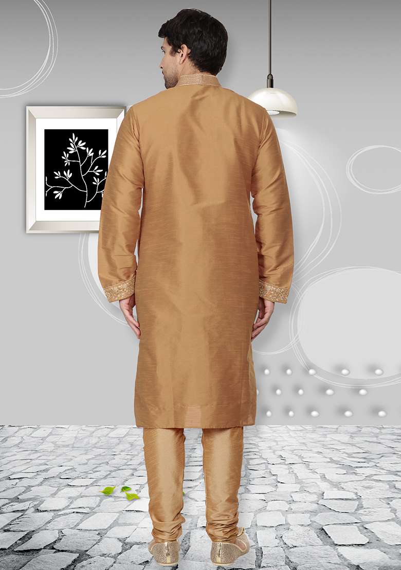 Golden Traditional Dupion Silk Blend Kurta Set For Men - Indya