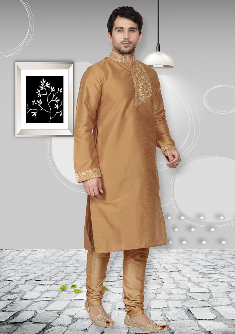 Golden Traditional Dupion Silk Kurta Set For Men - Indya