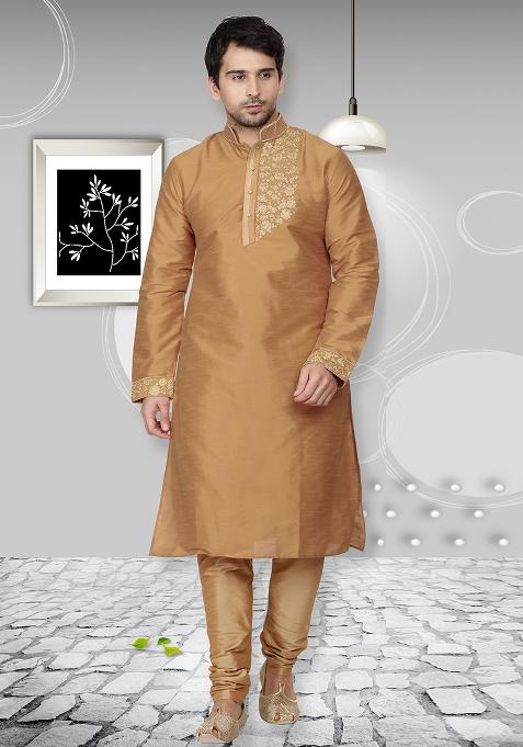 Golden Traditional Dupion Silk Kurta Set For Men