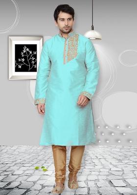 Light Blue Traditional Dupion Silk Kurta Set For Men