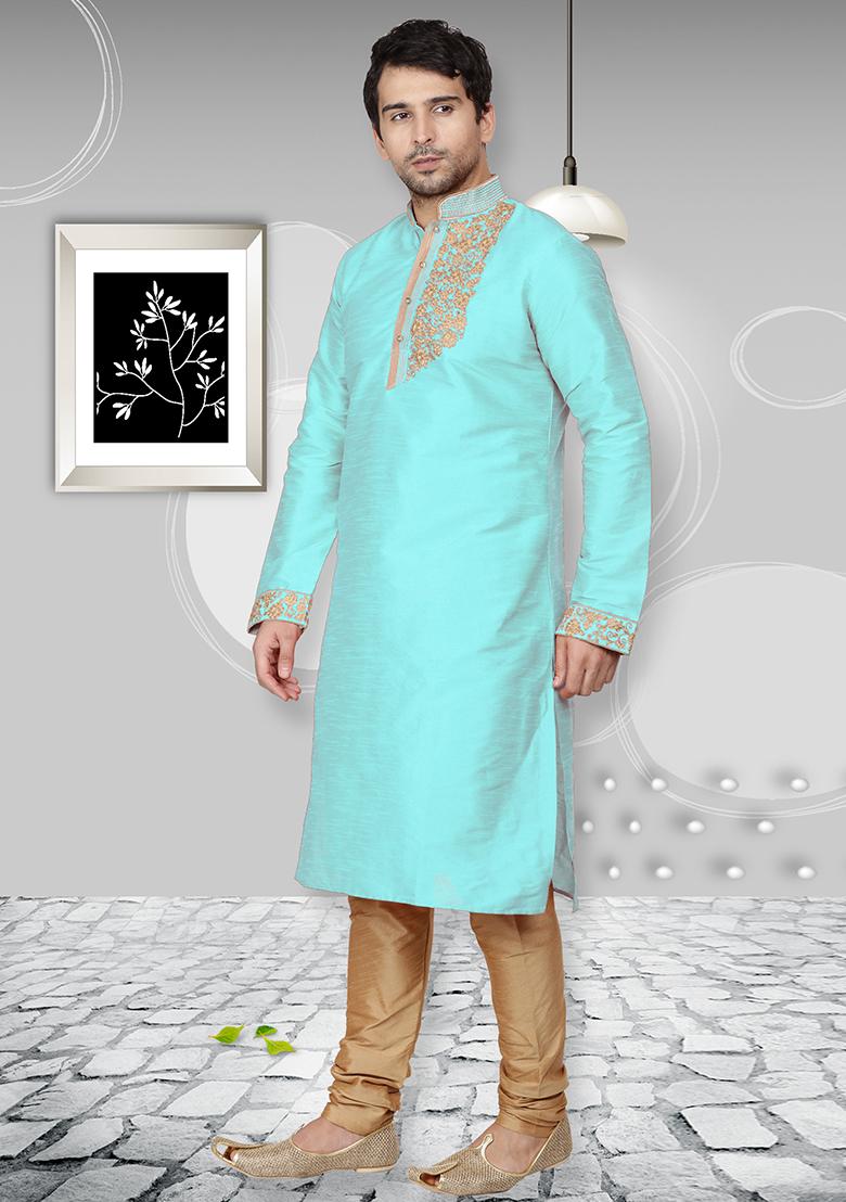 Light Blue Traditional Dupion Silk Kurta Set For Men - Indya
