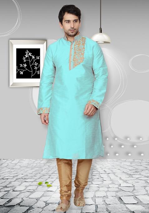 Light Blue Traditional Dupion Silk Kurta Set For Men