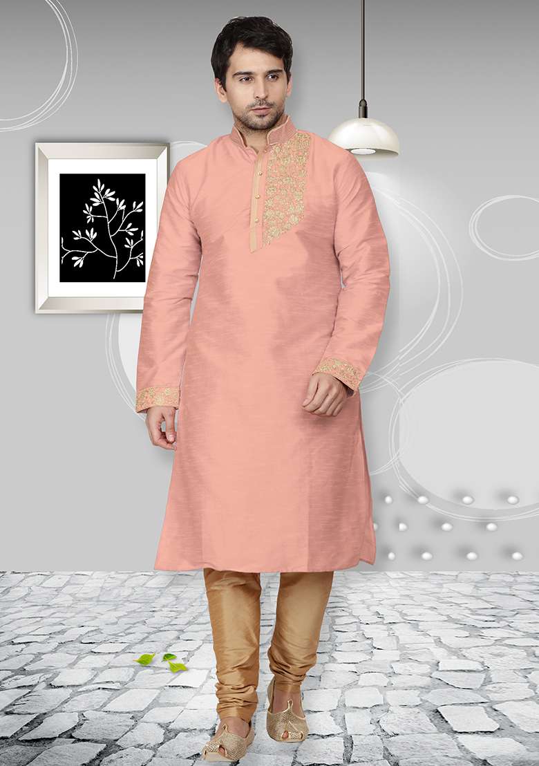 Light Peach Traditional Dupion Silk Blend Kurta Set For Men - Indya