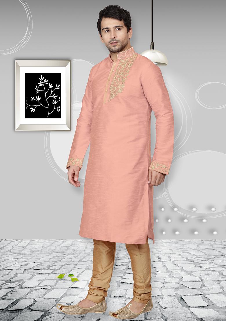 Light Peach Traditional Dupion Silk Kurta Set For Men - Indya