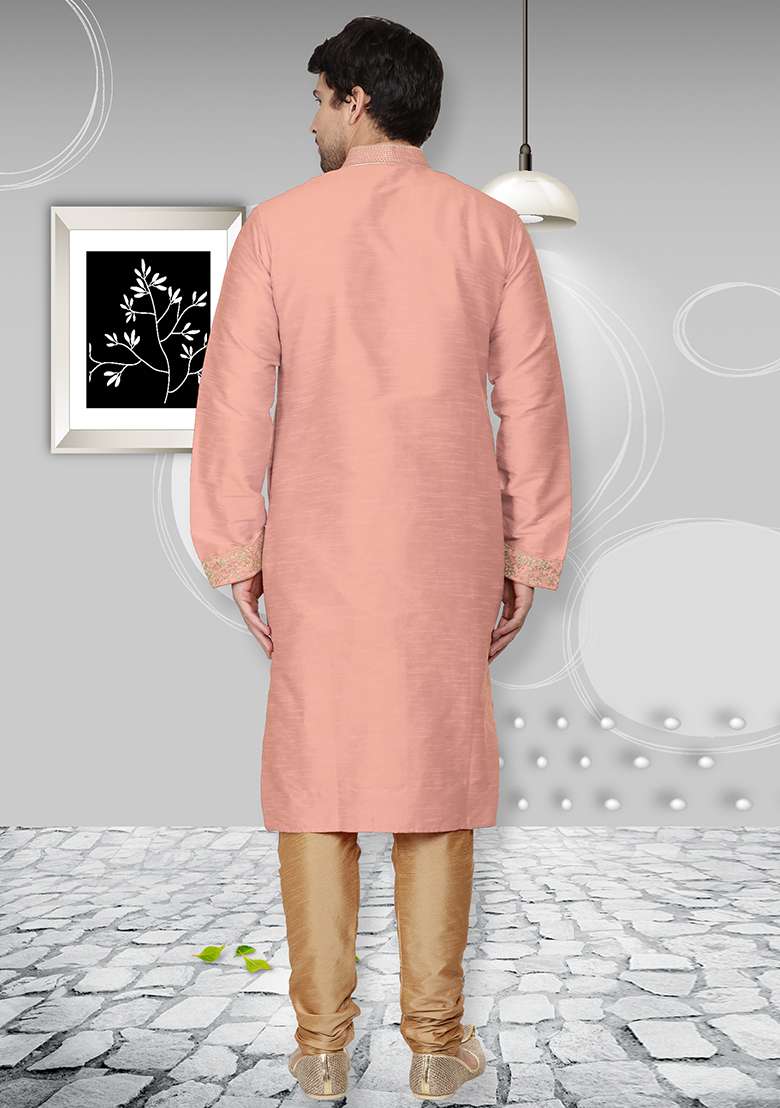 Light Peach Traditional Dupion Silk Blend Kurta Set For Men - Indya
