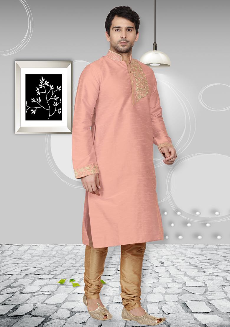 Light Peach Traditional Dupion Silk Kurta Set For Men - Indya