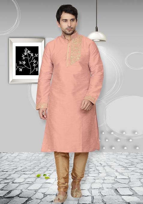 Light Peach Traditional Dupion Silk Kurta Set For Men