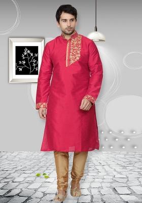 Dark Pink Traditional Dupion Silk Kurta Set For Men