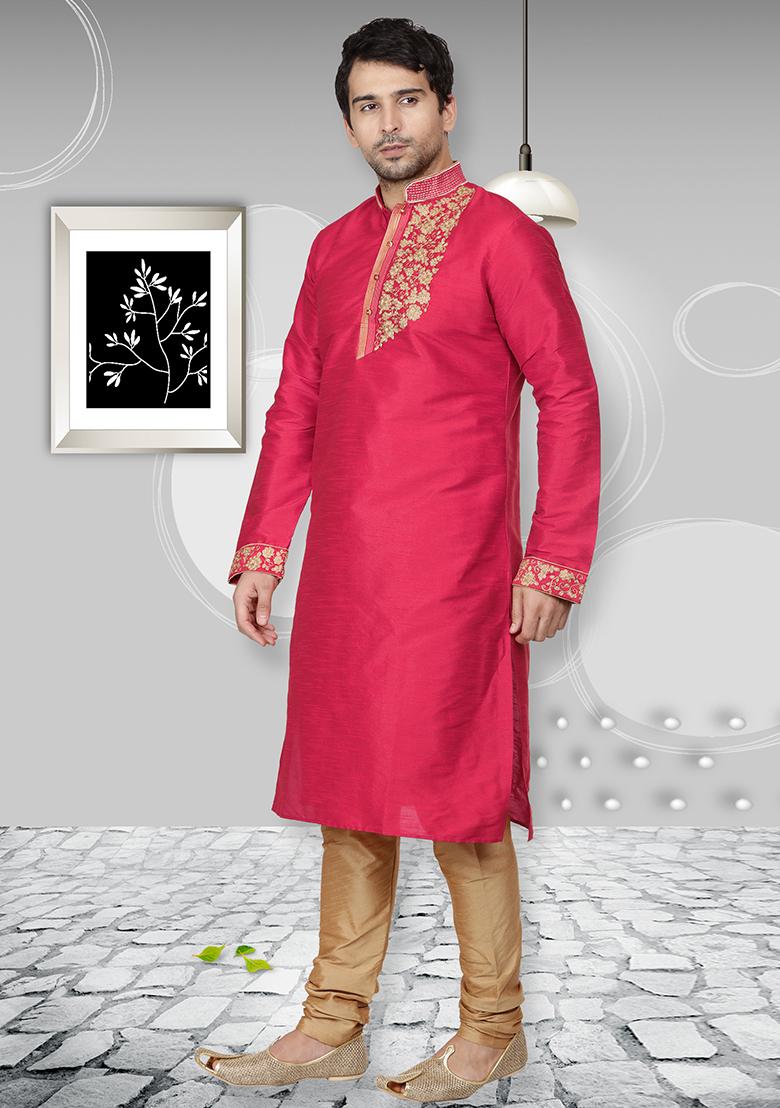 Dark Pink Traditional Dupion Silk Kurta Set For Men - Indya