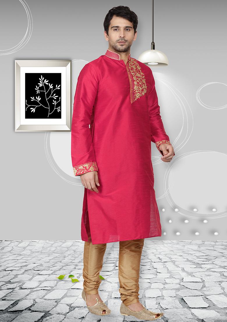 Dark Pink Traditional Dupion Silk Kurta Set For Men - Indya
