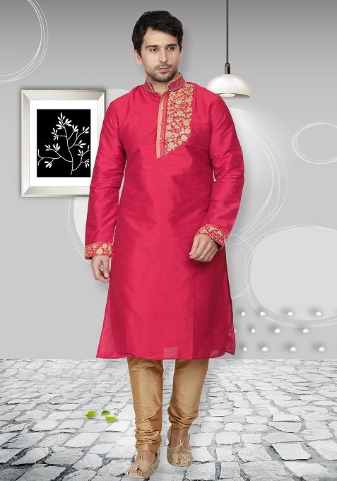Dark Pink Traditional Dupion Silk Kurta Set For Men