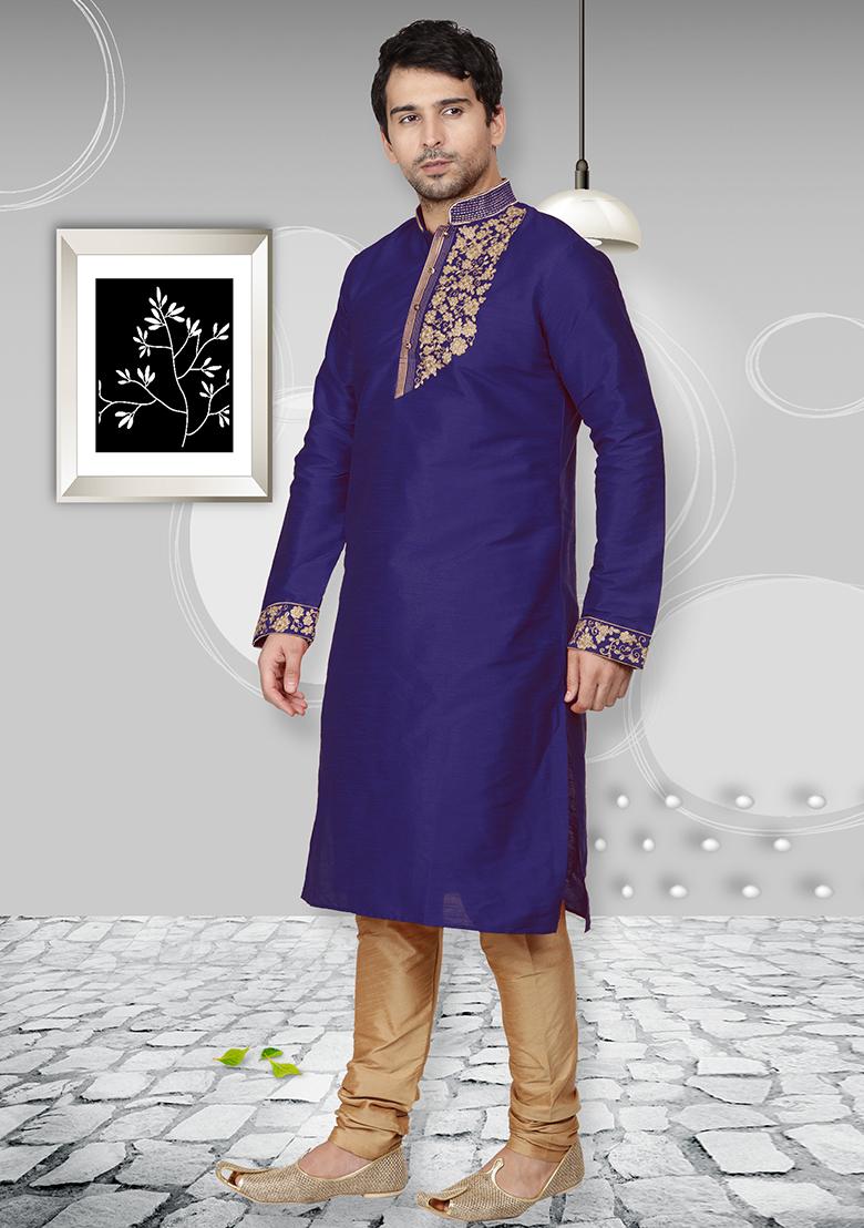 Royal Blue Traditional Dupion Silk Kurta Set For Men - Indya