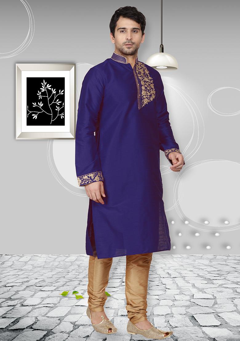 Royal Blue Traditional Dupion Silk Kurta Set For Men - Indya
