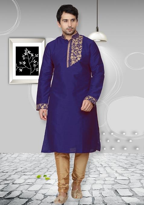 Royal Blue Traditional Dupion Silk Kurta Set For Men