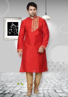 Red Traditional Dupion Silk Kurta Set For Men