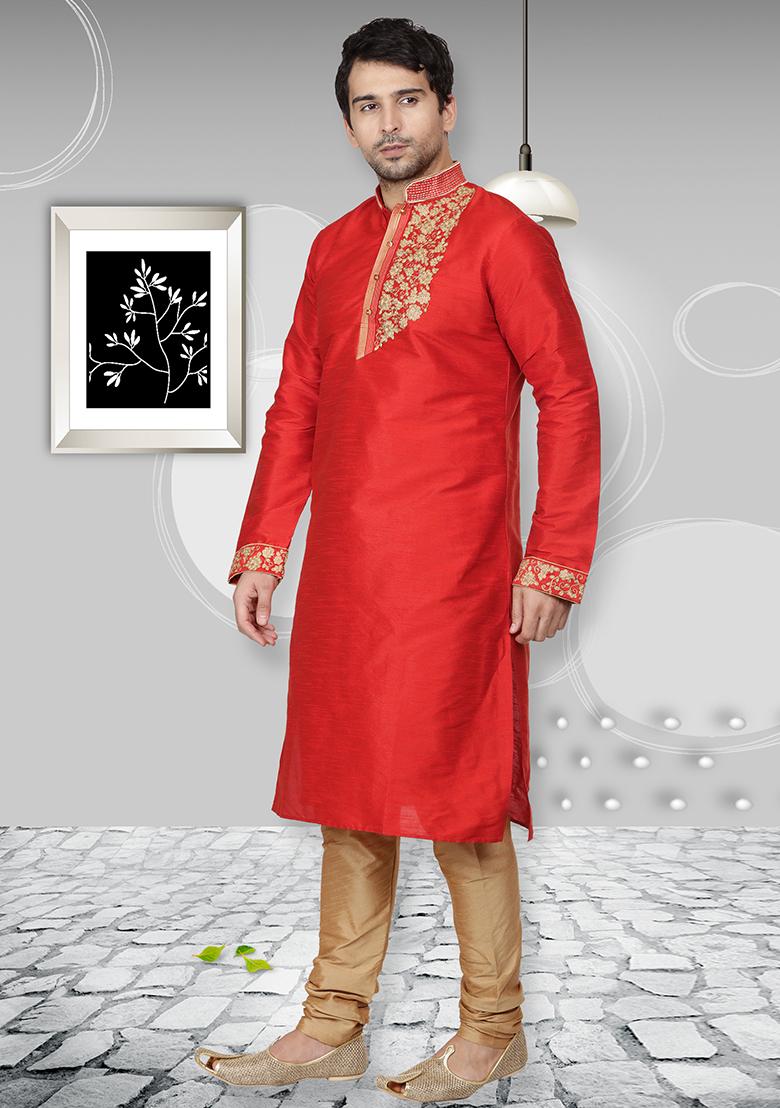 Red Traditional Dupion Silk Kurta Set For Men - Indya