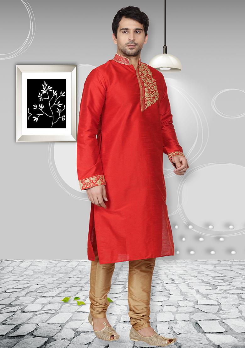 Red Traditional Dupion Silk Kurta Set For Men - Indya