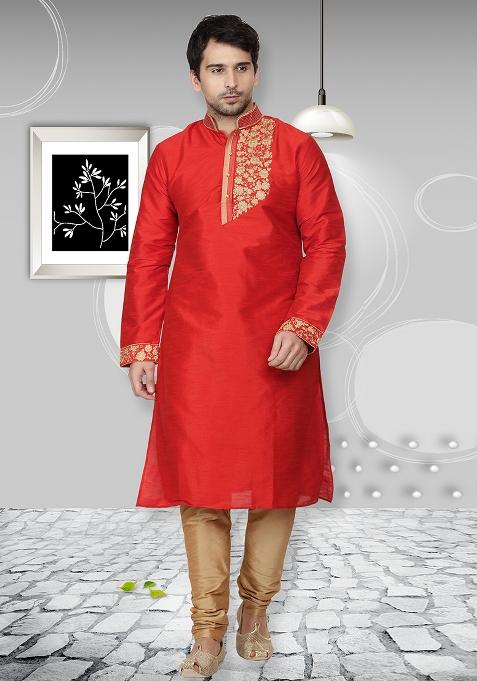 Red Traditional Dupion Silk Kurta Set For Men
