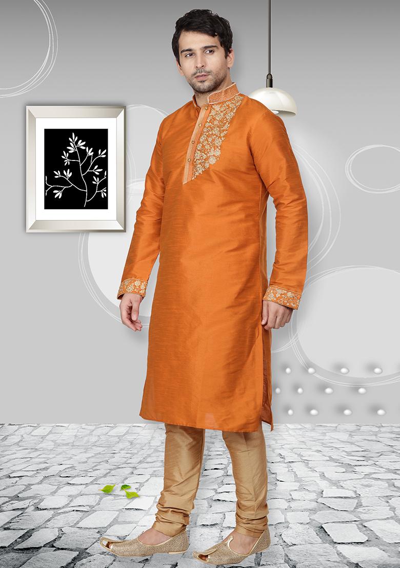 Rust Orange Traditional Dupion Silk Kurta Set For Men - Indya