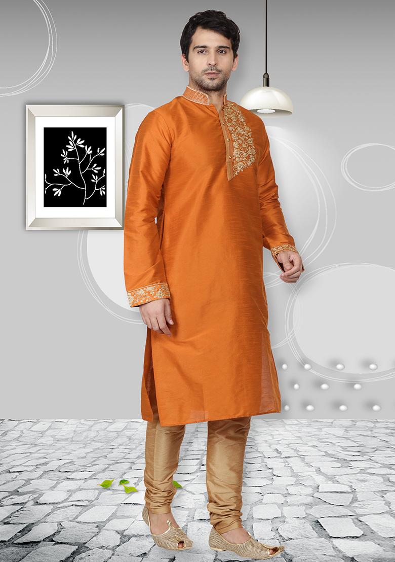 Rust Orange Traditional Dupion Silk Kurta Set For Men - Indya