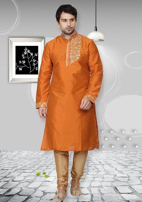 Rust Orange Traditional Dupion Silk Blend Kurta Set For Men