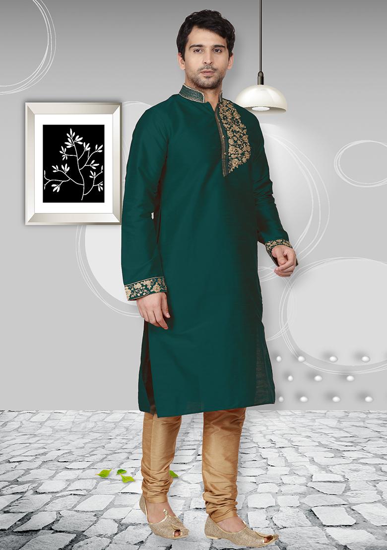 Sea Green Traditional Dupion Silk Kurta Set For Men - Indya
