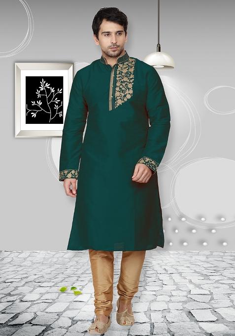 Sea Green Traditional Dupion Silk Blend Kurta Set For Men