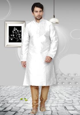 White Traditional Dupion Silk Kurta Set For Men