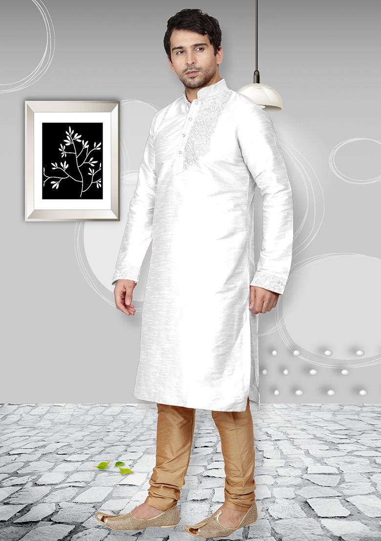 White Traditional Dupion Silk Kurta Set For Men - Indya