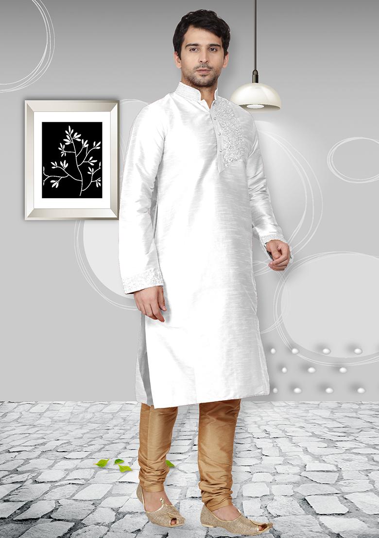 White Traditional Dupion Silk Kurta Set For Men - Indya