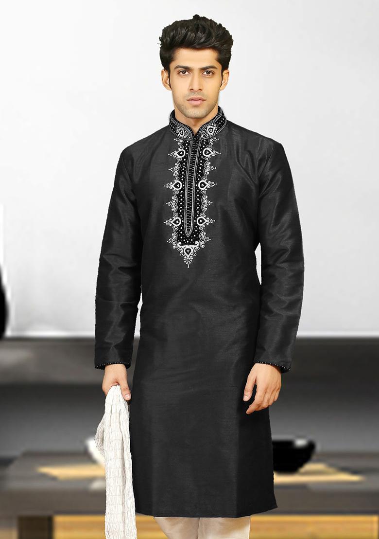 Black Traditional Dupion Silk Kurta Set For Men - Indya