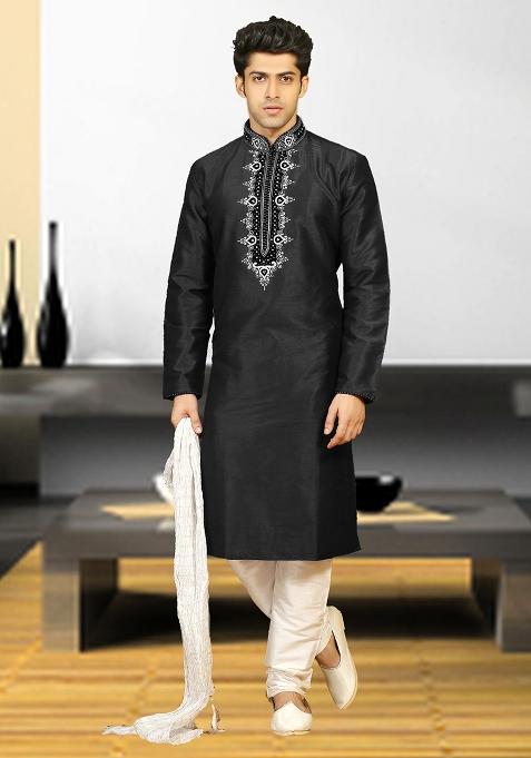 Black Traditional Dupion Silk Kurta Set For Men