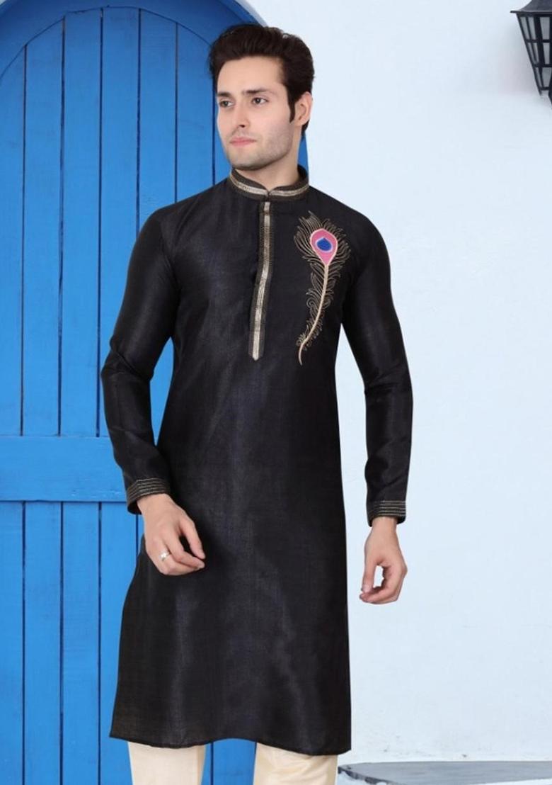 Black Traditional Dupion Silk Kurta Set For Men - Indya