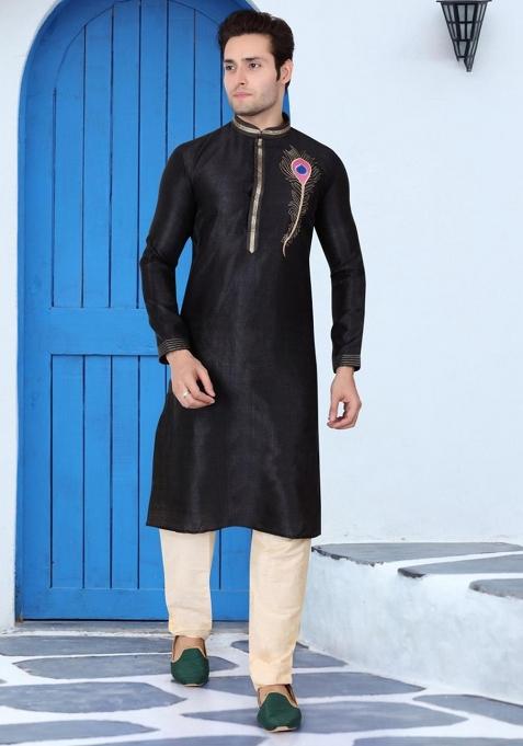 Black Traditional Dupion Silk Kurta Set For Men