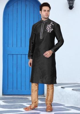 Black Traditional Dupion Silk Kurta Set For Men
