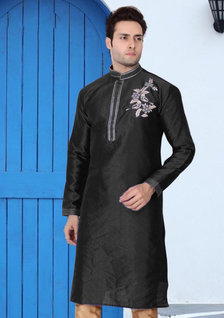 Black Traditional Dupion Silk Kurta Set For Men - Indya